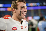 Clemson quarterback Cade Klubnik smiles after the team's win over North Carolina in the Atlantic Coast Conference championship NCAA college football game Saturday, Dec. 3, 2022, in Charlotte, N.C. (AP Photo/Jacob Kupferman)