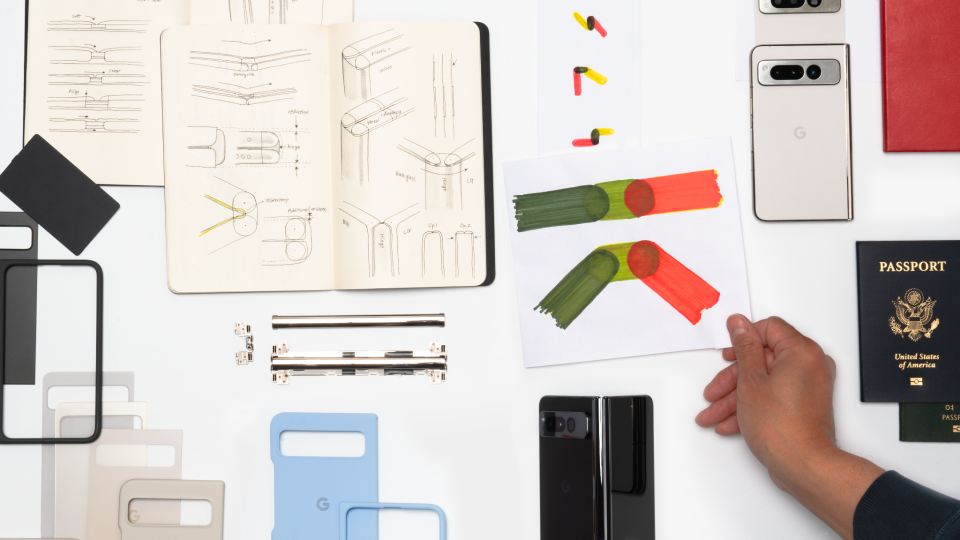 An engineer's sketch shows some of the inner workings of the Pixel Fold. 