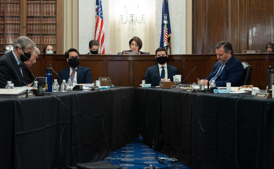 Sen. Amy Klobuchar (D-Minn.), chair of the Senate Rules Committee, holds a meeting Tuesday on S.1, the For the People Act, which would overhaul voting rights and election oversight. (Photo: SAUL LOEB/AFP via Getty Images)