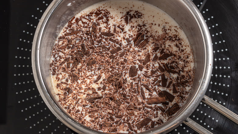 Saucepan with milk and chopped chocolate