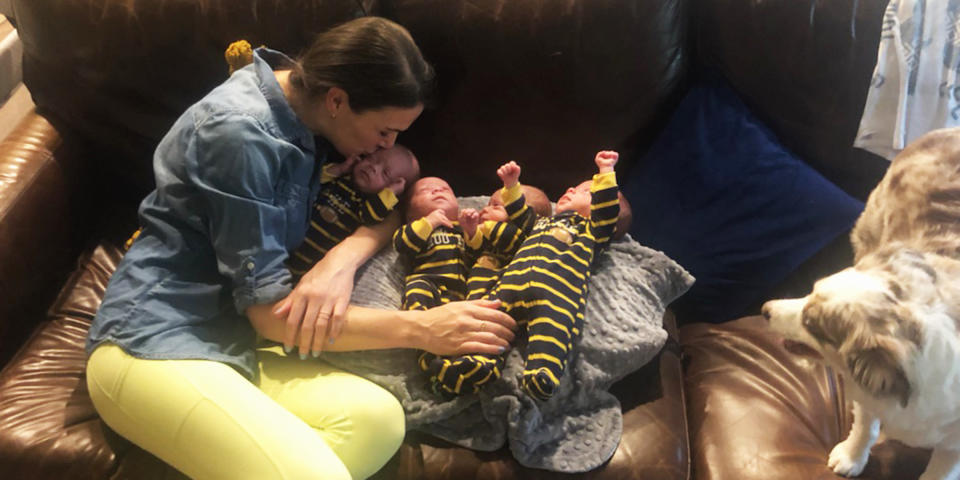 Telling the four boys apart is still challenging for Jenny and Chris Marr. While the boys are two months old, they have only recently been home with their family after they were born at 28.5 weeks.  (Courtesy Marr family)