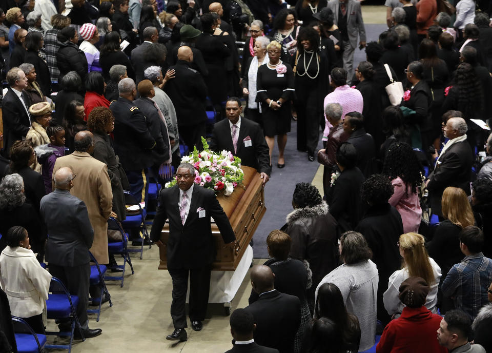 The casket of Katherine Johnson departs Hampton University Convocation Center at the conclusion of a memorial service on Saturday, March 7, 2020, at Hampton University Convocation Center in Hampton, Va. Johnson, a mathematician who calculated rocket trajectories and earth orbits for NASA’s early space missions and was later portrayed in the 2016 hit film “Hidden Figures,” about pioneering black female aerospace workers died on Monday, Feb. 24, 2020. She was 101. (Kaitlin McKeown /The Virginian-Pilot via AP)