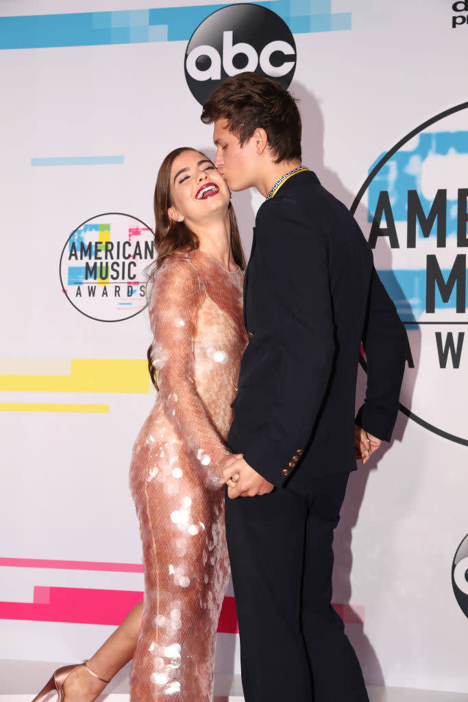 Violetta Komyshan (L) and Ansel Elgort attend the 2017 American Music Awards at Microsoft Theater