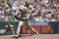 San Diego Padres' MacKenzie Gore pitches against the San Francisco Giants during the first inning of a baseball game in San Francisco, Sunday, May 22, 2022. (AP Photo/John Hefti)