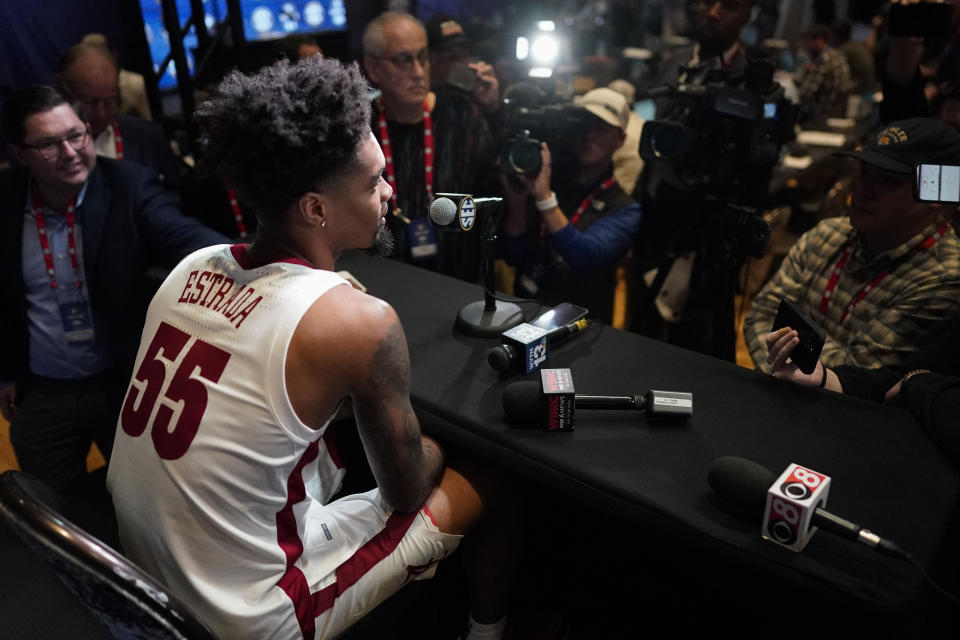 Alabama NCAA college basketball player Aaron Estrada speaks during Southeastern Conference Media Days, Wednesday, Oct. 18, 2023, in Birmingham, Ala. (AP Photo/Mike Stewart)