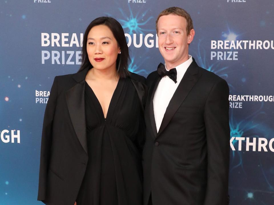 Priscilla Chan and Mark Zuckerberg attend the 2020 Breakthrough Prize Ceremony at NASA Ames Research Center on November 03, 2019 in Mountain View, California.