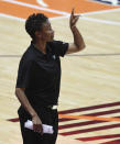 Dallas Wings head coach Vicky Johnson calls out instructios to her team as they play the Connecticut Sun during a WNBA basketball game Tuesday, June 22, 2021 at Mohegan Sun Arena in Uncasville, Conn. (Sean D. Elliot/The Day via AP)