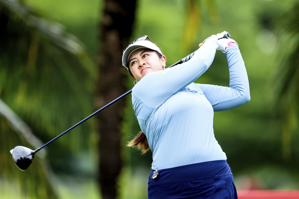 Lilia Vu of the U.S., drives the ball on the second tee during the final round of the HSBC Women's Wold Championship at the Sentosa Golf Club in Singapore Sunday, March 3, 2024. (AP Photo/Danial Hakim)