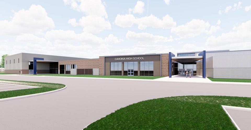 This rendering shows what the gym entrance (left) and student entrance (right) on the north side of the new Cahokia High School will look like.