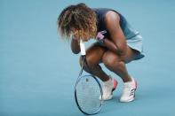 Mar 23, 2019; Miami Gardens, FL, USA; Naomi Osaka of Japan reacts after losing a point against Su-Wei Hshieh of Chinese Taipei (not pictured) in the second round of the Miami Open at Miami Open Tennis Complex. Mandatory Credit: Geoff Burke-USA TODAY Sports