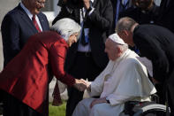 Governor-General Mary Simon greets Pope Francis at the Citadelle de Quebec, Wednesday, July 27, 2022, in Quebec City, Quebec City, Quebec. Pope Francis is on a "penitential" six-day visit to Canada to beg forgiveness from survivors of the country's residential schools, where Catholic missionaries contributed to the "cultural genocide" of generations of Indigenous children by trying to stamp out their languages, cultures and traditions. (AP Photo/John Locher)