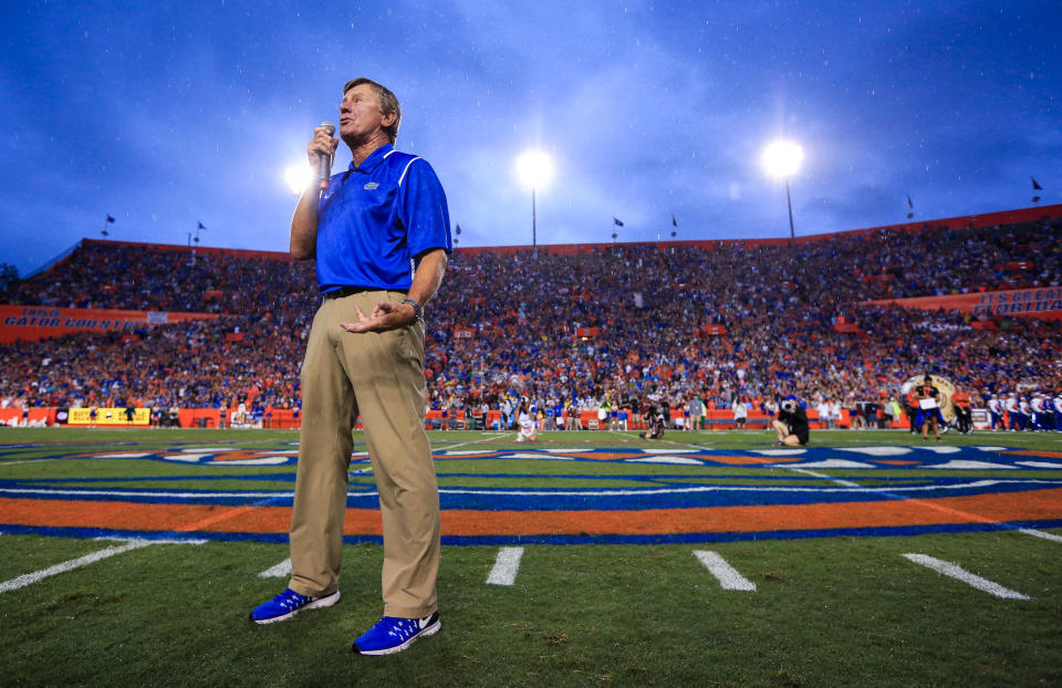 GAINESVILLE, FL - SEPTEMBER 03: Steve Spurrier speaks during a field naming ceremony before the game between the Florida Gators and the Massachusetts Minutemen at Ben Hill Griffin Stadium on September 3, 2016 in Gainesville, Florida. (Photo by Rob Foldy/Getty Images)