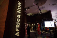 Creations of various African designers are displayed at a fashion hub in Milan, Italy, Wednesday, Feb. 19, 2020. Italy's Chamber of fashion dedicate at a space at a fashion hub, to a selection of young African brands belonging to a new generation of designers embodying the powerful identity of African fashion. (AP Photo/Luca Bruno)