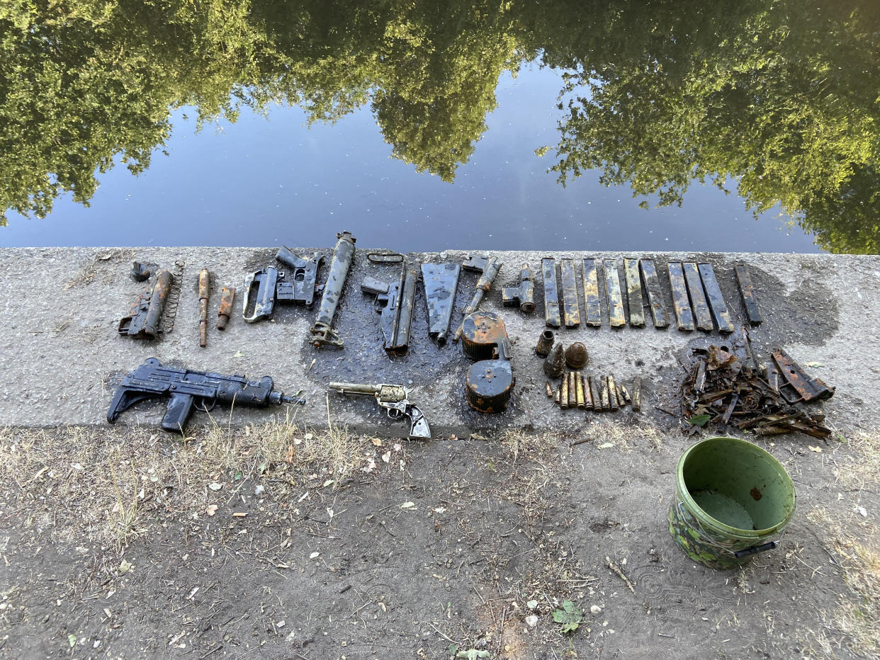 
See SWSMguns.


A family enjoying a Saturday afternoon paddle in a London river had a shock - when they found a large cache of dumped firearms. Ryan Ball, 32, was at the picturesque River Pool in Catford when a young family friend slipped on a metal object in the water. To their horror, a search of the river bottom revealed several guns, including what appeared to be a revolver, bullet magazines and an Uzi submachine gun. A Metropolitan Police spokesperson said: 