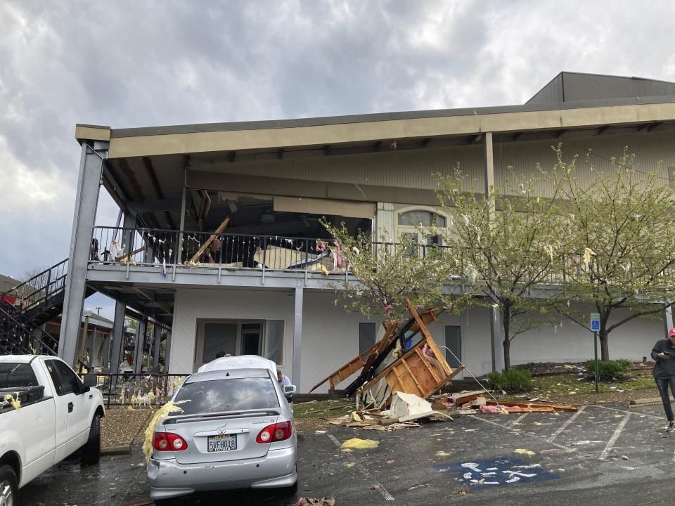 A building is damaged after a severe storm swept through Little Rock, Ark., Friday, March 31, 2023. (AP Photo/Andrew DeMillo)