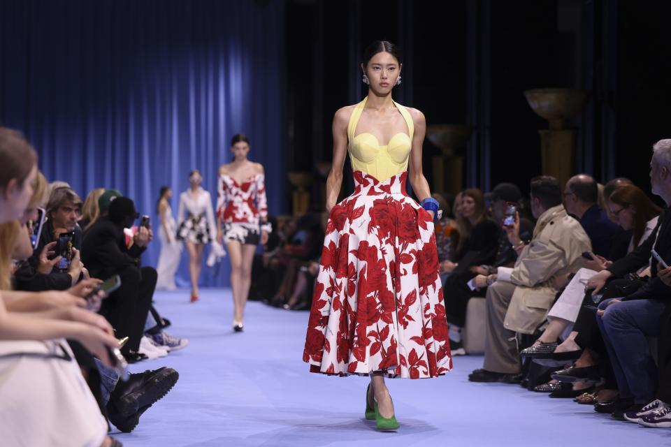 A model wears a creation for the Balmain Spring/Summer 2024 womenswear fashion collection presented Wednesday, Sept. 27, 2023 in Paris. (AP Photo/Vianney Le Caer)