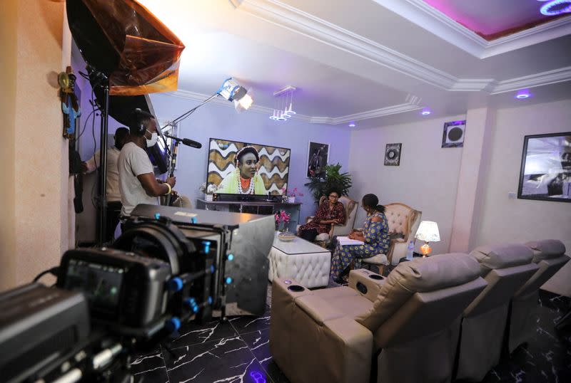 The crew and cast of Meadows are seen on set during shooting, following the relaxation of lockdown, amid the coronavirus disease (COVID-19) outbreak in Abuja