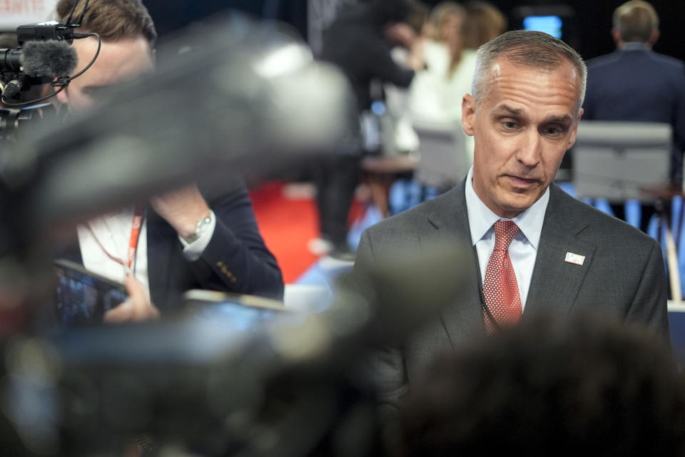 Corey Lewandowski speaks with reporters in the spin room before a presidential debate between President Joe Biden and Republican presidential candidate former President Donald Trump, hosted by CNN in Atlanta, Thursday, June 27, 2024.(AP Photo/Pablo Martinez Monsivais)