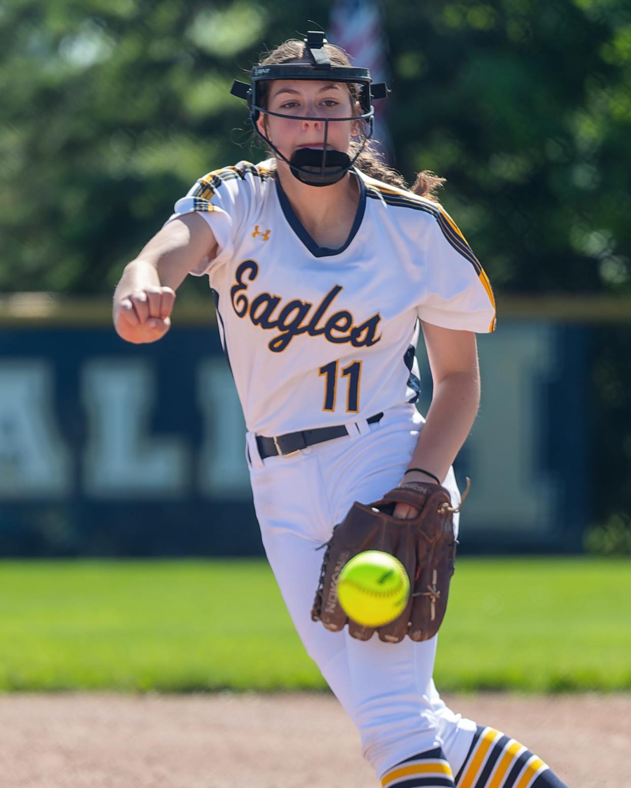 Hartland's Olivia Forrest pitches during a 5-4 victory over Howell Wednesday, May 8, 2024.