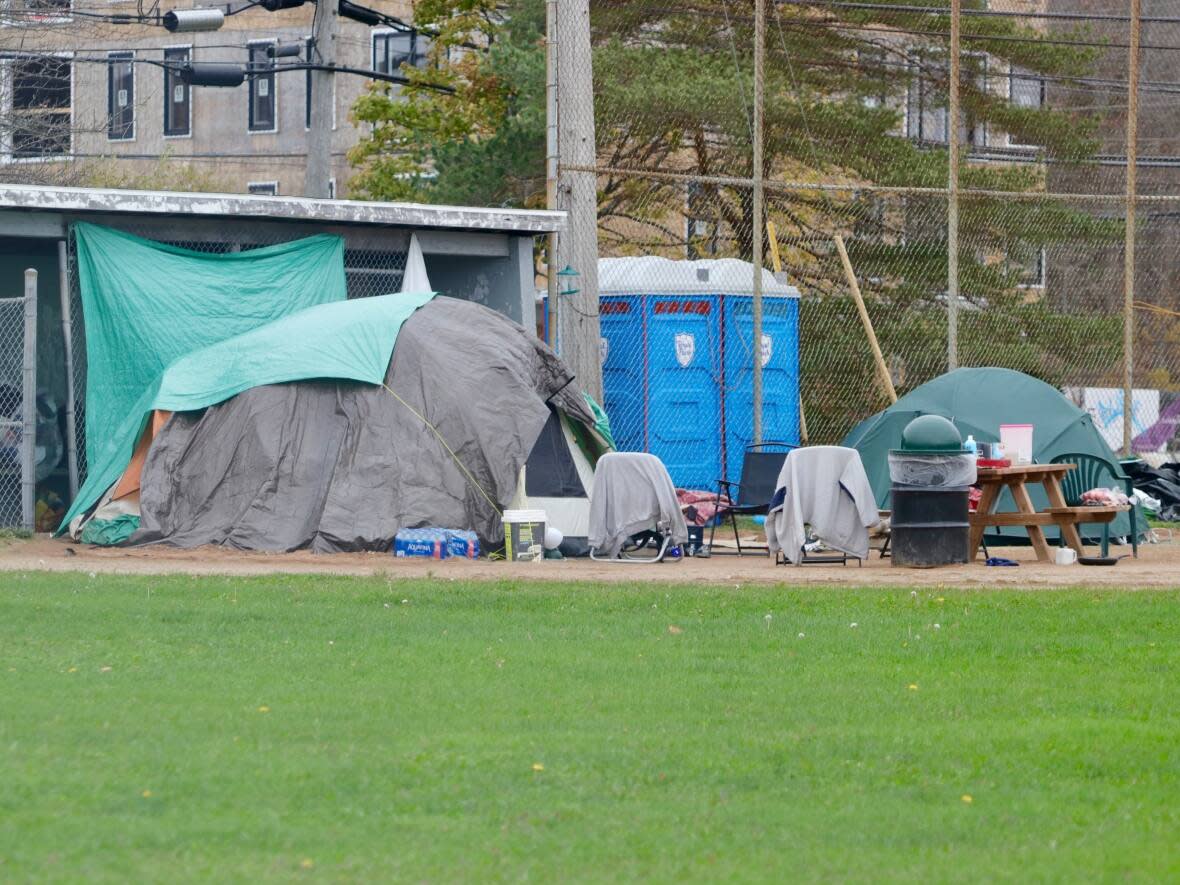 Tents stand at a designated outdoor shelter in Lower Sackville in November 2022.  (Paul Palmeter/CBC - image credit)