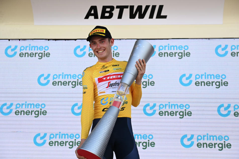 ABTWILL SWITZERLAND  JUNE 18 Mattias Skjelmose Jensen of Denmark and Team TrekSegafredo  Yellow Leader Jersey celebrates at podium race overall winner during the 86th Tour de Suisse 2023 Stage 8 a 257km individual time trial from St Gallen to Abtwil  UCIWT  on June 18 2023 in Abtwil Switzerland Photo by Tim de WaeleGetty Images