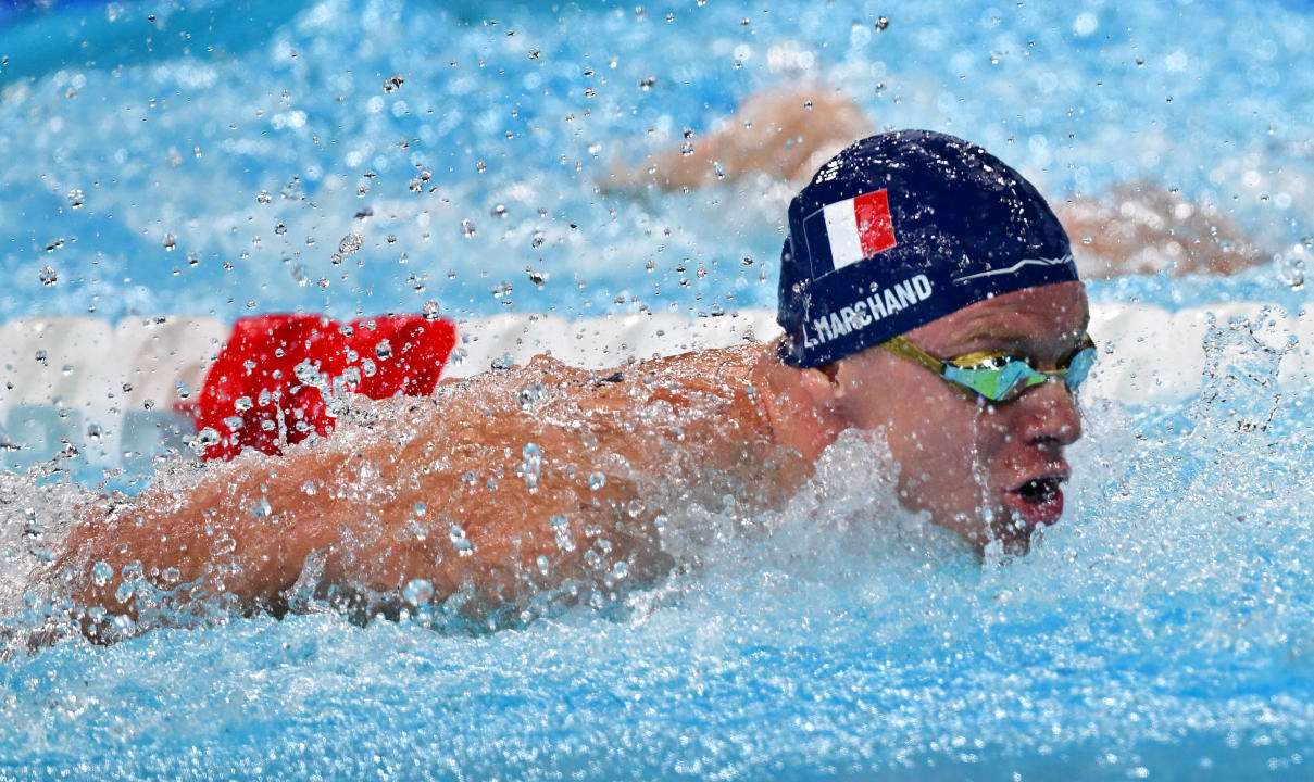 NANTERRE, FRANCE - JULY 28: Leon Marchand of Team France competes in the final of the Men's 400m IM on day two of the Olympic Games Paris 2024 at Paris La Defense Arena on July 28, 2024 in Nanterre, France. (Photo by Christian Liewig - Corbis/Corbis via Getty Images)
