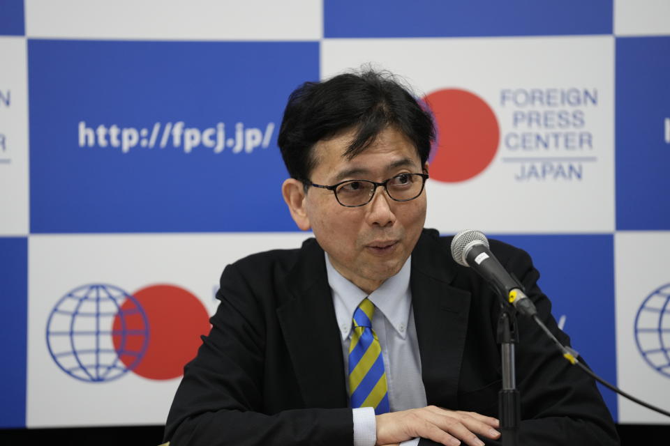 Noriyuki Shikata, cabinet secretary for public affairs of Kishida's government, speaks in a news briefing in Tokyo, Friday, May 20, 2022. Japan welcomes the Indo-Pacific Economic Framework (IPEF), a new U.S. economic initiative for the Indo-Pacific region that President Biden is expected to roll out during his Tokyo visit next week. Shikata said IPEF is expected to focus more about supply chains, clean energy, worker standards and anti-corruption programs rather than issues in traditional trade agreements such as market access and tariffs. (AP Photo/Hiro Komae)