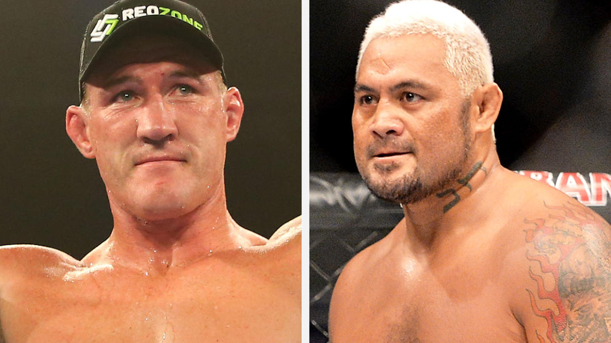 A 50-50 split image shows Paul Gallen and Mark Hunt.