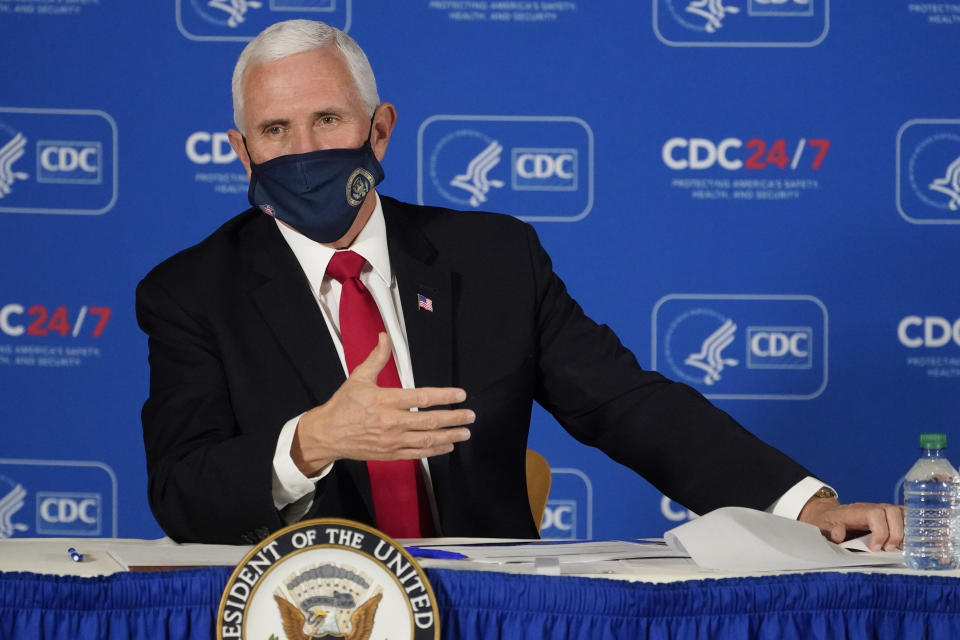 Vice President Mike Pence speaks during a briefing on COVID-19 at the Centers for Disease Control and Prevention Friday, Dec. 4, 2020, in Atlanta. (AP Photo/John Bazemore)