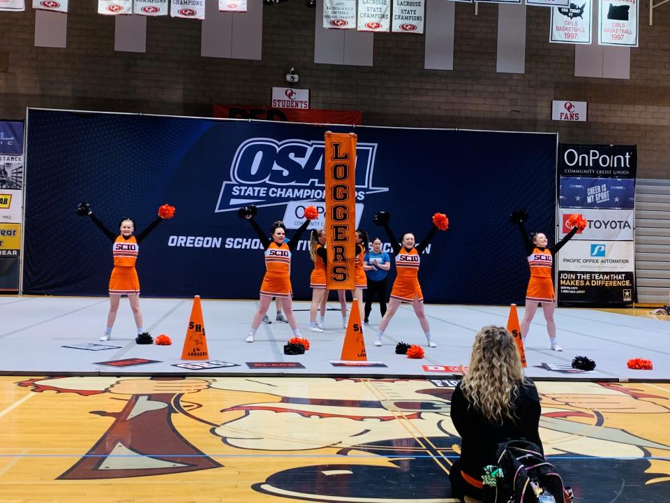 The Scio High School cheer team competes at the OSAA 4A/3A/2A/1A state championships at Oregon City High School in Oregon City on Feb. 11.