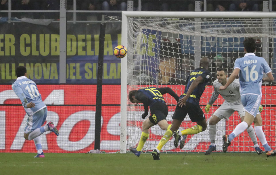 Lazio's Felipe Anderson scores a goal during an Italian Cup quarterfinal soccer match between Inter Milan and Lazio, at the San Siro stadium in Milan, Italy, Tuesday, Jan. 31, 2017. (AP Photo/Luca Bruno)