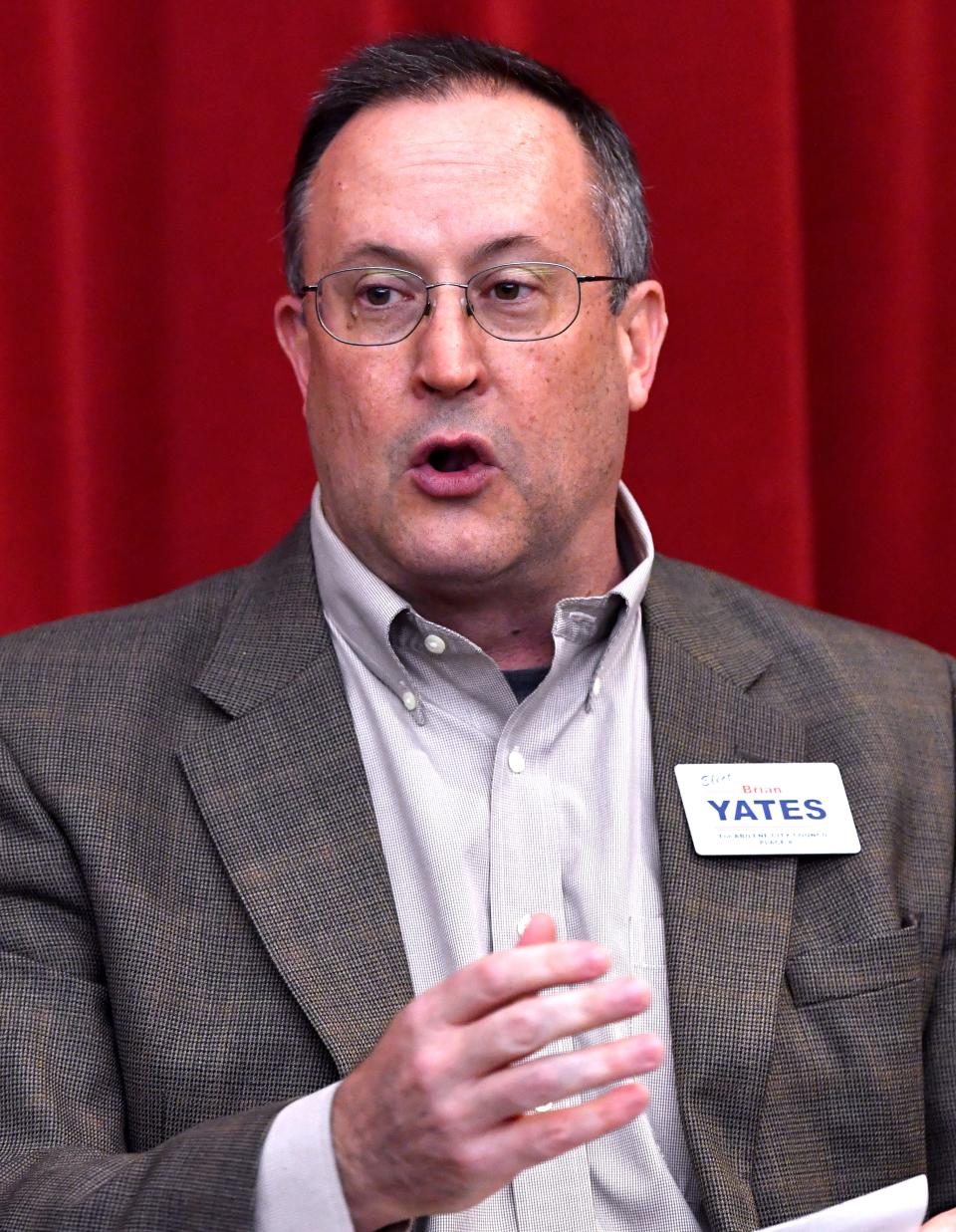 Place 4 candidate Brian Yates during Tuesday’s city council candidate forum at the Abilene Public Library, which was sponsored by the Hispanic Leadership Council and the local NAACP April 4, 2023.