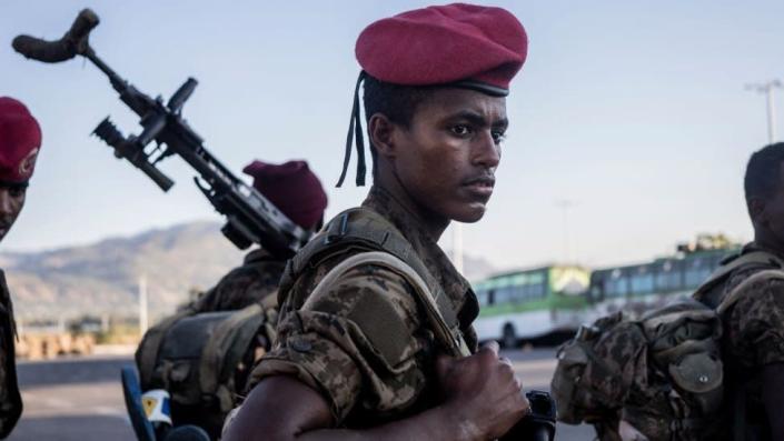 A soldier from the Ethiopian National Defence Force (ENDF) looks on in Kombolcha , Ethiopia, on December 11, 2021