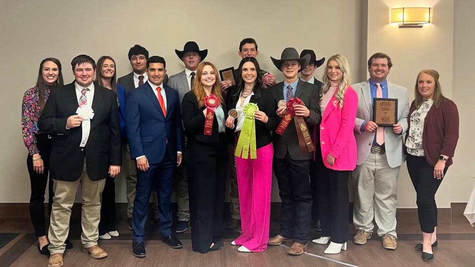 West Texas A&M University's meat judging team took reserve champion honors at the Eastern National Meat Judging Contest in Wyalusing, Pennsylvania. Team members and coaches include, back from left, Dr. Loni Lucherk, Megan Miller, Parker Franz, Caleb Olfers, Ryan Heightschmidt and Colt Edrington; and, front from left, Noah Harrell, Juan Carlos Buentello, Mikayla Hudnall, Madison Colvin, Elijah Mathis, Payton Ownbey, Bryce Hutson and Megan Eckhardt.