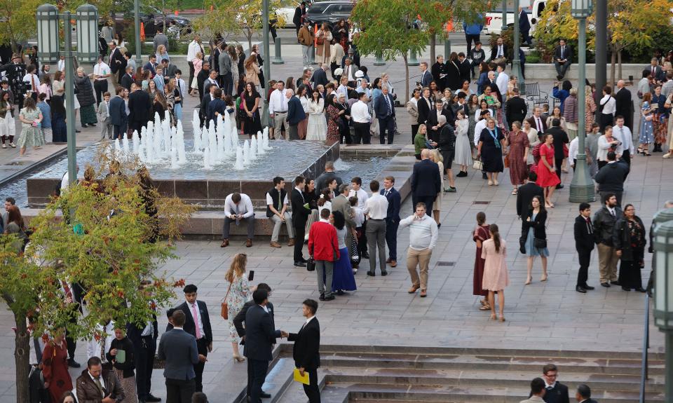 Conferencegoers walk the plaza prior to the Sunday morning session of the 193rd Semiannual General Conference of The Church of Jesus Christ of Latter-day Saints at the Conference Center in Salt Lake City on Sunday, Oct. 1, 2023. | Jeffrey D. Allred, Deseret News