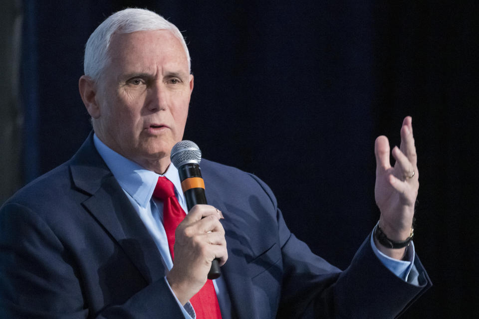 FILE - Former Vice President Mike Pence speaks at the National Review Ideas Summit, Friday, March 31, 2023, in Washington. (AP Photo/Alex Brandon, File)