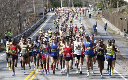 A general view as the elite men lead the field in the 2017 Boston Marathon. Greg M. Cooper-USA TODAY Sports