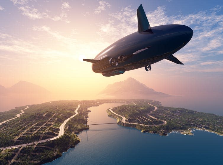 <span class="caption">Airships travel slowly, but they could allow holidaymakers a beautiful view.</span> <span class="attribution"><a class="link " href="https://www.shutterstock.com/image-illustration/airship-over-island-sea-3d-render-421798390?src=MOugPfN8hKjH2Eqmtkx3Zg-1-14" rel="nofollow noopener" target="_blank" data-ylk="slk:Iurii/Shutterstock;elm:context_link;itc:0;sec:content-canvas">Iurii/Shutterstock</a></span>