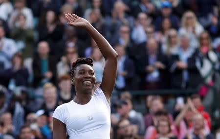 Britain Tennis - Wimbledon - All England Lawn Tennis & Croquet Club, Wimbledon, England - 1/7/16 USA's Venus Williams celebrates winning her match against Russia's Daria Kasatkina REUTERS/Andrew Couldridge