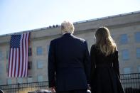 <p>President Trump and first lady Melania Trump attend a ceremony at the Pentagon’s 9/11 Memorial in Washington, D.C., on Sept. 11, 2017, on the 16th anniversary of 9/11. (Photo: Brendan Smialowski/AFP/Getty Images) </p>