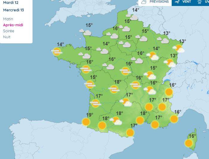 Les températures prévues par Météo-France pour l’après-midi du mercredi 13 mars 2024.