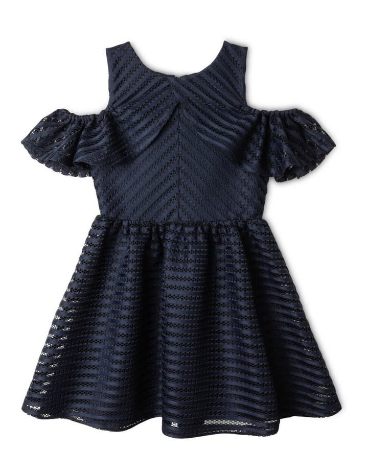 Origami Aubery Stripe Off The Shoulder Dress Navy. Photo: Myer