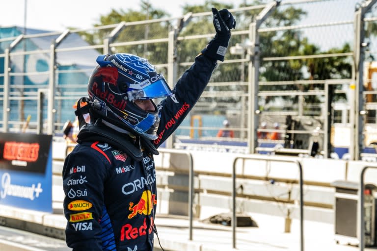 Red Bull Racing's Dutch driver Max Verstappen celebrates winning the pole position after the qualifying session for the Miami Formula One Grand Prix (Jim WATSON)