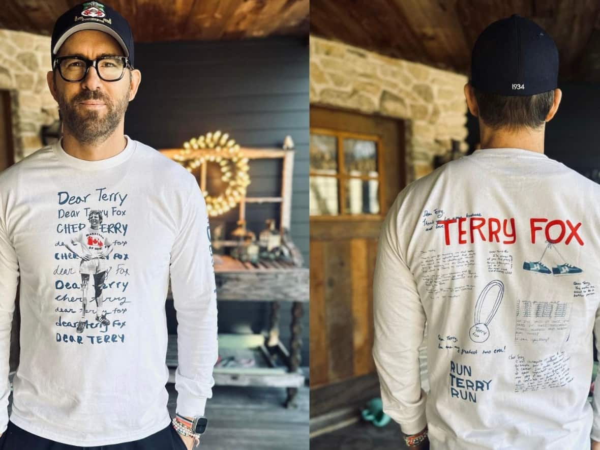 Actor Ryan Reynolds shows this year's annual Terry Fox Run T-shirt, which features text from real handwritten letters to Fox. (Terry Fox Foundation Twitter  - image credit)
