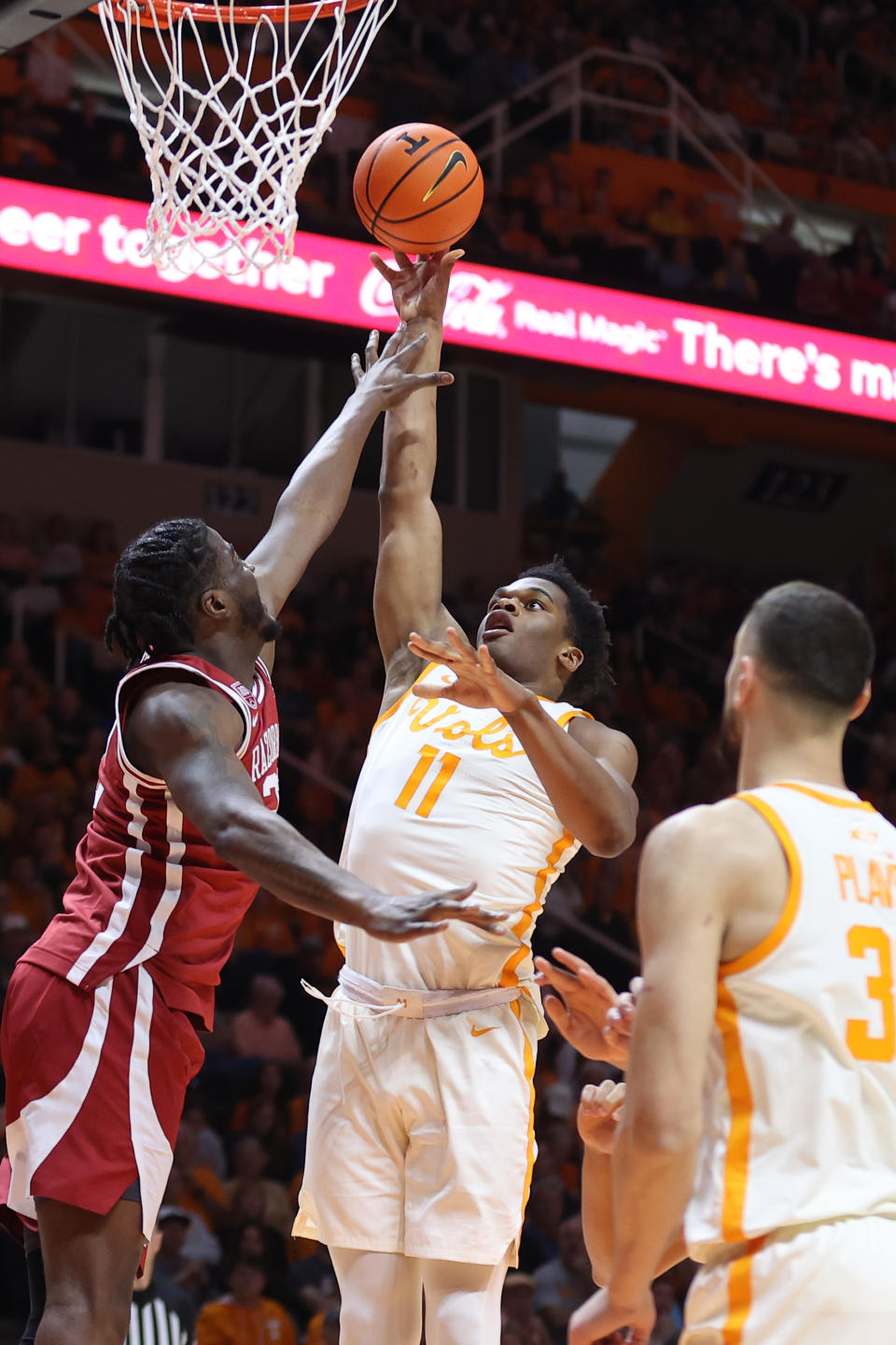 Feb 28, 2023; Knoxville, Tennessee, USA; Tennessee Volunteers forward Tobe Awaka (11) goes to the basket against the Arkansas Razorbacks during the first half at Thompson-Boling Arena. Mandatory Credit: Randy Sartin-USA TODAY Sports