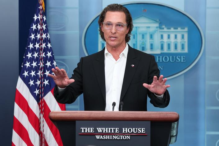 After meeting with President Joe Biden, actor Matthew McConaughey, a native of Uvalde, Texas, talks to reporters at the White House on June 07, 2022.