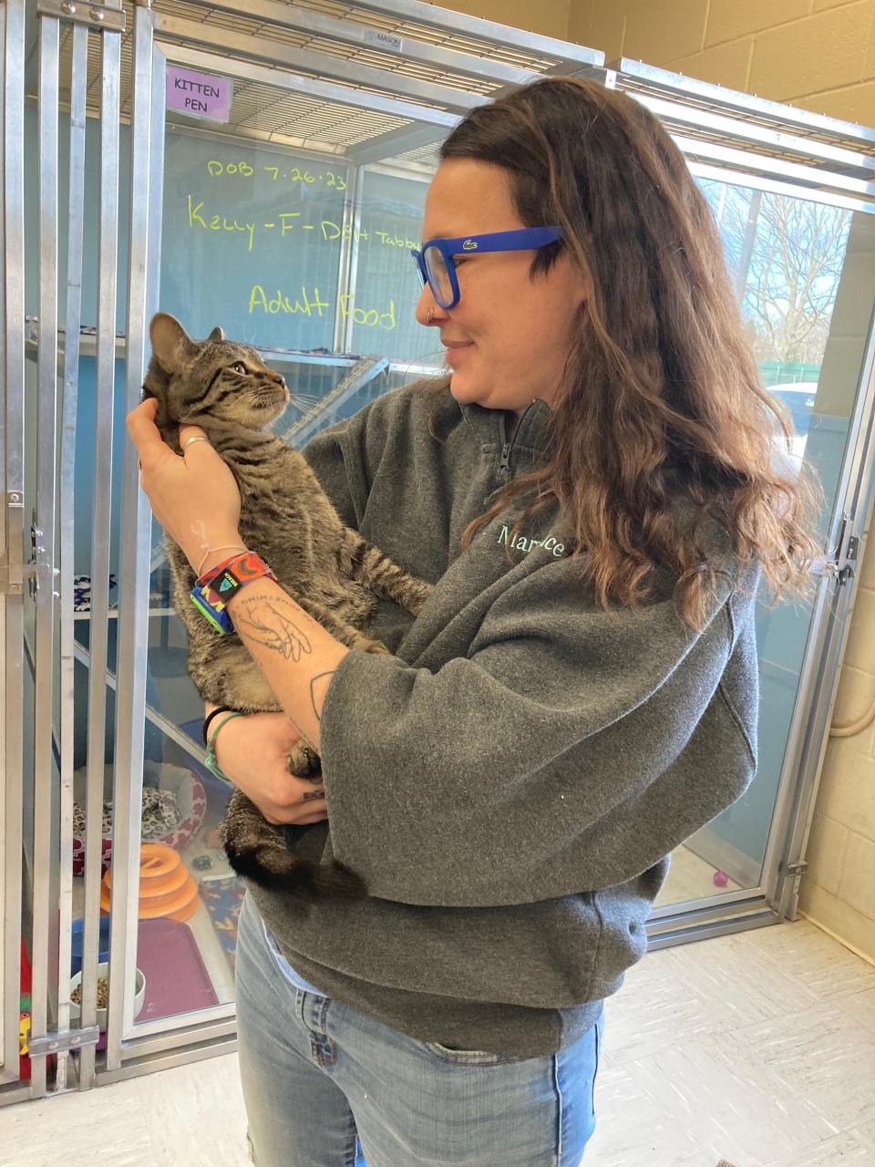 Orphan Angels Executive Director MaryGrace Lacoste visits with Kelly, a tabby cat at the shelter.