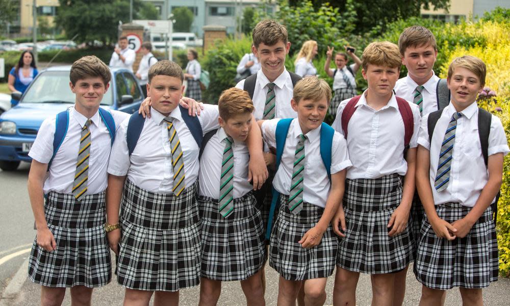 Boys of Isca community school in skirts