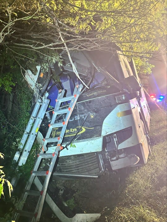 The passenger bus after it crashed into several trees off of Interstate 95 in Greensville County. (Photos: Virginia State Police)