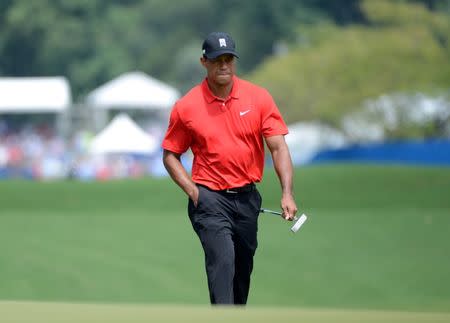 Aug 23, 2015; Greensboro, NC, USA; Tiger Woods approaches the first green during the final round of the Wyndham Championship golf tournament at Sedgefield Country Club. Rob Kinnan-USA TODAY Sports